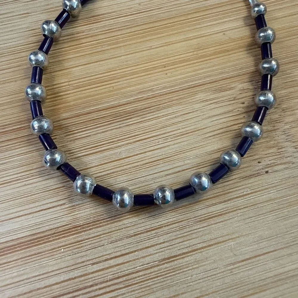 DAINTY SMALL BRACELET SILVER AND DARK PURPLE BEADED UNBRANDED